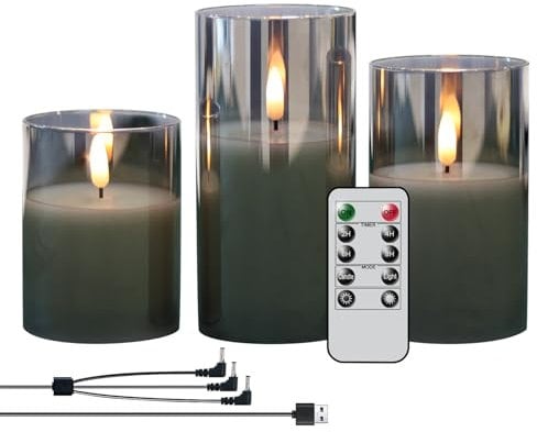 GenSwin Rechargeable LED Flameless Flickering Glass Candles with Remote Timer, Battery Operated Pillar Candles Long Lasting Grey Real Wax USB (D 3”×H 4”5”6”)