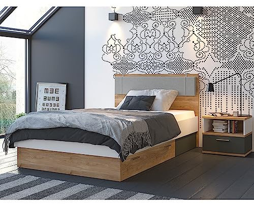 Lomadox Jugendzimmer Set 2-teilig mit Bett 120x200 cm und Nachttisch in Eiche Nb. mit weiß und grau