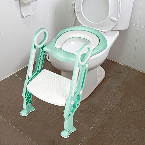Siège de Toilette pour Enfants, Pot WC Bébé avec Escalier Pliable, Réducteur WC avec Marche, Réglable en Hauteur (Blanc-Vert Clair)