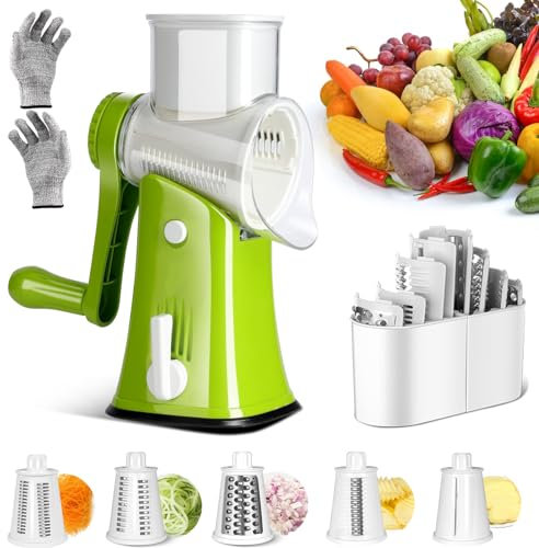 MASTERTOP Käsereibe Rotary, 5 in 1 Manuelle Gemüseschneider mit 10 Abnehmbaren Trommelblättern, Küche Trommelreibe mit Kurbel für Salat, Nüsse, Obst, Send Schnittfeste Handschuhe