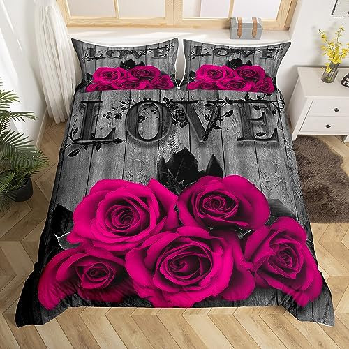 Hot Pink Rose Flowers Comforter Cover King Retro Rustic Rose Floral Bedding Set Valentine'S Day Couple Duvet Cover for Girls Boys Men Women,Romantic Blossom Quilt Cover Black Grey 3 Pcs