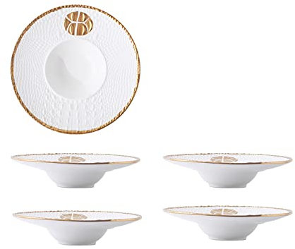 Juego de 4 platos de cerámica, plato hondo redondo con forma de sombrero de paja creativo, el borde chapado en oro es moderno y lujoso, puede contener pasta y ensalada,Blanco