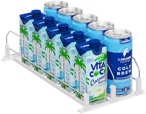 Puricon Drink Organizer for Fridge Pusher Glide, Spring Loaded Fridge Drink Dispenser, Self Pushing Soda Can Organizer for Refrigerator, Beer Bottle Beverage Organizer Drink Holder -2 Rows, White