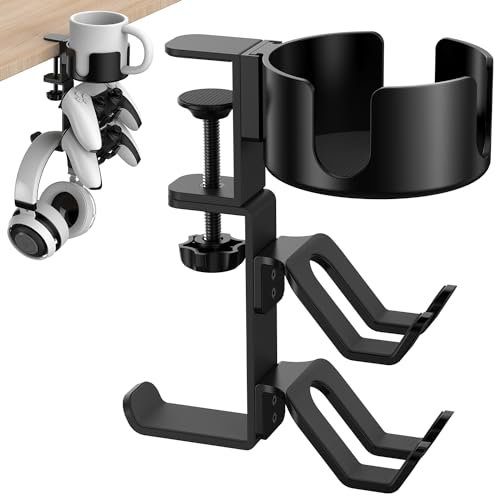 POWNEW Porte-gobelet de bureau 4 en 1 avec crochet pour casque et support de manette, accessoires de jeu, pince de bras universelle réglable et rotative améliorée pour tasses à café, bouteilles d'eau,