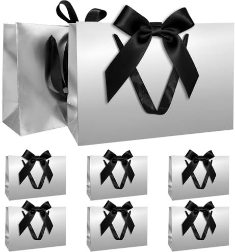 Geschenktüten Set, Silber Geschenktüte mit Schleife Geschenktüte mit Henkel 8 Stück 30x20x10cm Geschenktüten für Weihnachten Geburtstag Hochzeit