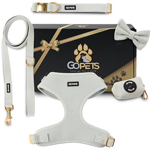 GO PETS – 5 in 1 Hundegeschirr mit Leine Set - Hundegeschirr mit Leine Verstellbar, No Pull, Halsband mit Fliege, kotbeutelspender & hundekotbeutel – Welpengeschirr, Inkl Geschenkbox (Hellblau) (L)