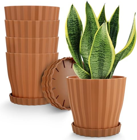 QRRICA Blumentöpfe, 15,2 cm, 5 Stück, Blumentöpfe für drinnen und draußen, Pflanzgefäße mit Ablaufloch und Untersetzer, Orange
