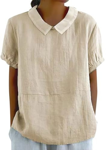 leinenhemd für Damen Hemd lang Langarm Bluse Einfarbig Baumwoll Leinen Revers Kurzarm Musselin Tunika blusenshirt Triceratops（Beige, M