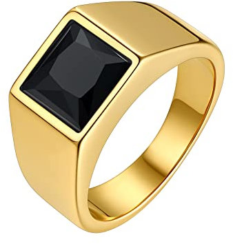 Bestyle Ring mit Schwarzem Stein Herren Ring Edelstahl Bandring Schwarzer Onyx Biker Ring, 8 * 8mm Achat Pinky Daumen Ring für Papa Vater Schmuck Geschenk, Größe 57, Gold