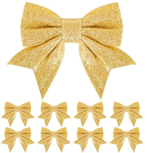 8 Pack Glitter Gold Christmas Bows Christmas Tree Bows 6 inch Wide, Gold Bows for Christmas Tree Decorations Gift Wrapping Ornaments Xmas Wreath Bows Garland Crafting Decorations Bows Supplies