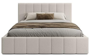 FEDVE Bett 180x200 Creme - Handorf - Polsterbett 180x200 mit Bettkasten - Doppelbett 180x200 mit Bettkasten - Bett mit Stauraum - Schlafzimmer Bett mit Bettkasten 180x200