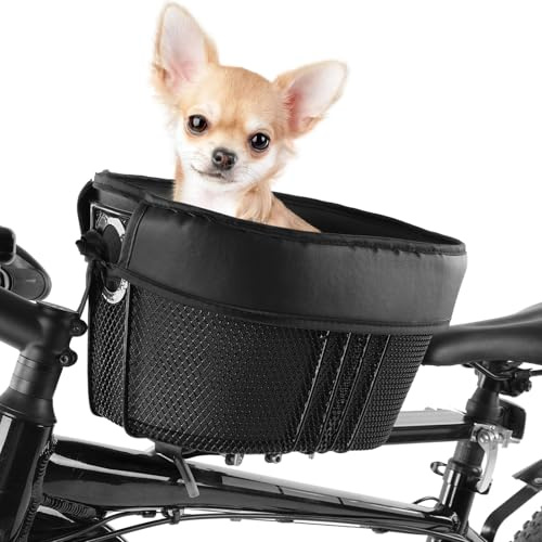 SOUUXIU Hundefahrradkorb, Mountainbike-Einkaufskorb, tragbarer Katzen- und Hundeträger für die vordere Querstange des Fahrrads mit Sicherheitsgurt aus Schwammfutter (schwarz)
