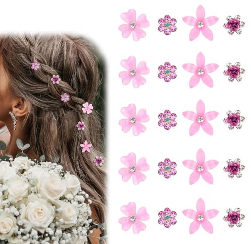 Mezrkuwr Lot de 20 petites pinces à cheveux en forme de fleur rose - Mini épingles à cheveux en métal avec strass pour femme - Accessoires de cheveux de mariage - Barrettes à cheveux pour filles (4