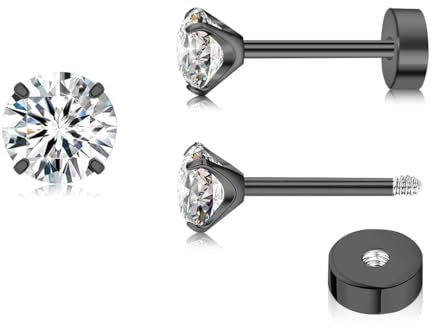 ZDE Titan Damen flache Ohrringe für Frauen Zirkonia Ohrstecker flache zurück Ohrringe hypoallergen Knorpel Flatback Ohrring Tragus Helix Tragus Conch Piercing (Black, 3mm)