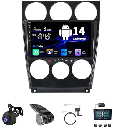 Android 14 Radio Estéreo De Coche 2 DIN 9 Pulgadas Pantalla Táctil para Mazda 6 2004-2015 con GPS Navi CarPlay Inalámbrico Bluetooth AHD Cámara Trasera Control En El Volante(P1 1+32G)