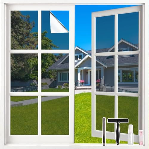 LEMON CLOUD Spiegelfolie Silber - Sonnenschutzfolie Fenster innen, Sichtschutz Fensterfolie von aussen Blickdicht Durchsichtig, Statische Selbstklebend, 44,5 X 200 cm mit Werkzeug