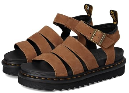 Dr. Martens Platform Sandals with Straps, Light Brown Leather, Black Thick Sole, Adjustable Buckle, Desert Brown, 6 UK