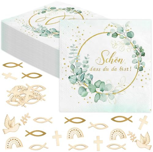 Servietten Taufe Kommunion Konfirmation Deko, 40Stück Servietten Schön Dass Du Da Bist Eukalyptus Grün + 44Stück Holz Fisch Streudeko Tischdeko Taufe Kommunion Konfirmation Tischdeko für Junge Mädchen