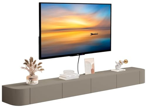 MWIDCIEW 240cm Floating TV Unit with Flip-Down Doors & Drawers, Modern Wall-Mounted TV Cabinet, Floating TV Media Units Shelf with Storage for Living Room, Bedroom, Khaki – Fully Assembled