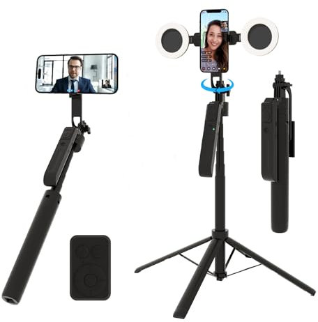 Auto Face Tracking Tripod with Gesture Control & Motion Sensor, 70.9 Extendable 360° Phone Tripod Stand with Light, No App,for TikTok/Vlog/Live Stream/Video Recording (Black with 4 Accessories)