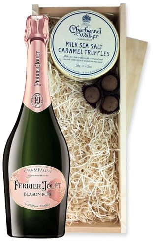 Perrier Jouet Blason Rose Champagne And Milk Sea Salt Charbonnel Chocolates Box 75cl 12.5% abv