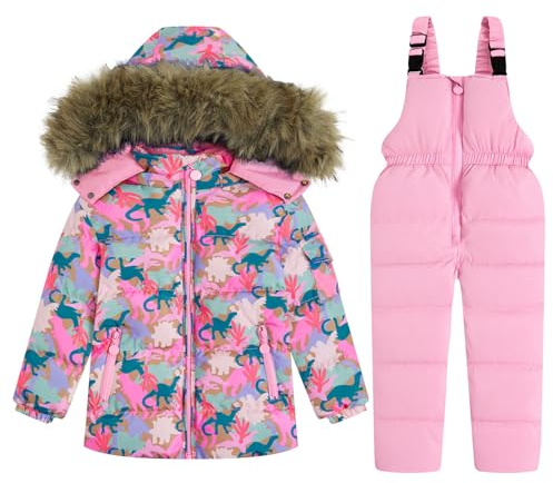 JiAmy Ensemble de neige 2 pièces pour fille – Veste matelassée d'hiver à capuche et pantalon à bretelles – Tenue ultra légère – Dinosaure rose, 6 à 7 ans