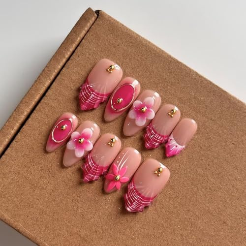 Press On Nails - Medium Almond Handmade Unique Fake Nails, Thick Acrylic and Muti-Layer Gel False Nails, Reusable Gel Cured Sturdier 3D Painting Fake Nails with Nails File Set (Size S)