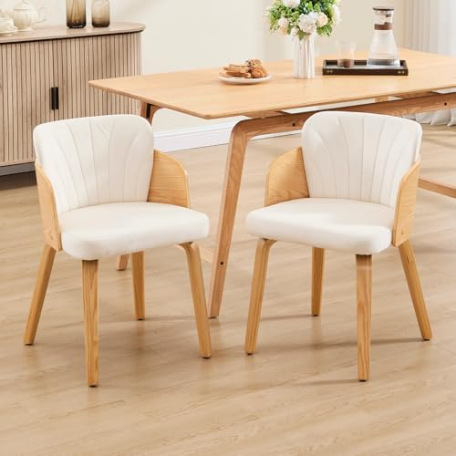 DAYALANE Lot de 2 Chaises de Cuisine Velour Chaise en Bois Design, Beige | chaise salle à manger bois moderne chaise rembourrée en velours dossier unique pieds en bois pour chambre salon cuisine