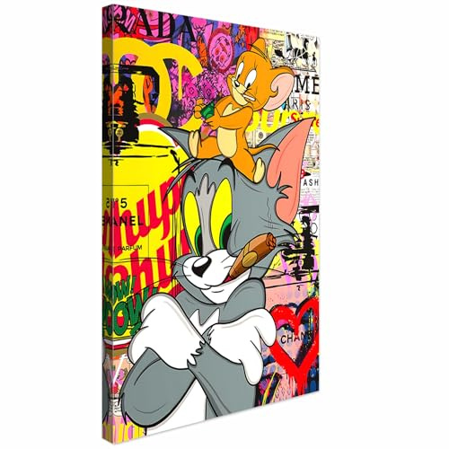 AREDE Bilder Wanddeko auf Leinwand Lustige Cartoon-Katzen und Maus Art Decor Wohnzimmer Deko Modernes Wandbild | 60 x 40 cm | Fertig zum Aufhängen