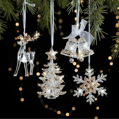 4 Stück Acryl Schneeflocken Eiszapfen hängende Ornamente, Weihnachtsbaum Kristall Dekorationen, Weihnachtsbaumschmuck, Weihnachtsbaumanhänger Weihnachten Party Hochzeit Neujahr Dekoration