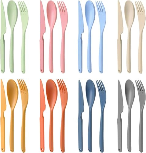 JINGIHE 8 Pieces Plastic Cutlery Set, Travel Cutlery Set | Multi Colour Reusable Plastic Crockery Set Portable Knife Fork Spoon for Camping Party Home Kitchen Restaurant Daily Use