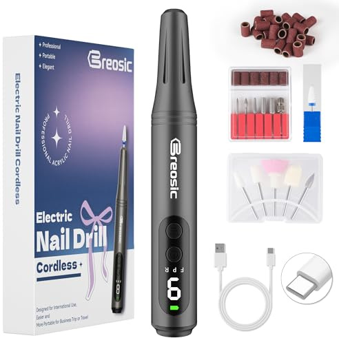 Breosic Torno para Uñas Profesional lima electrica uñas 12 en 1, Gris | 35000 RPM, 9 Velocidades Ajustables, limas de uñas profesionales con 12 Brocas, para Uso Doméstico y Salón, Principiantes