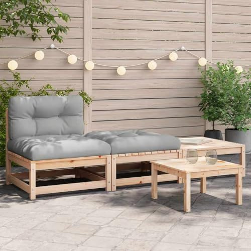 LoogCape Gartensofa Set Kiefer Massivholz, Modulares Outdoor Sofa mit Kissen, 2 Hocker, 210x70x67 cm, Grau, für Terrasse & Balkon