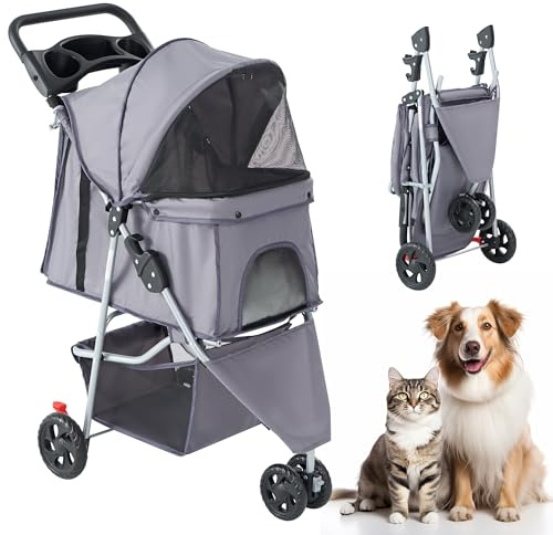 KMFurnila 3 Wheel Pet Stroller for Dogs and Cats, Foldable, Lightweight and Durable, Ideal for Small to Medium Pets, Includes Storage Basket and Cup Holders