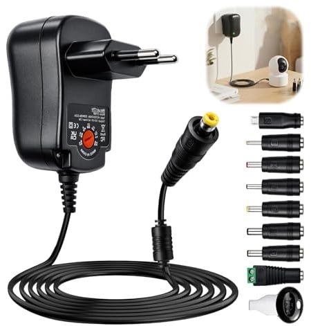 12W Adaptateur Secteur Universel AC/DC 3V 4.5V 5V 6V 7.5V 9V 12V avec 8 Connecteurs DC Transformateur d’Alimentation Multi-Tension pour TV Routeur Caméra Box Tablette 1200mA Max
