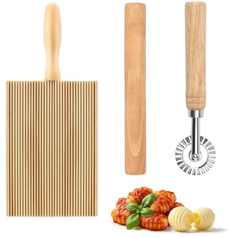 TenaLucy 3 Pezzi Taglia Pasta Fresca Set, Taglia Pasta Mattarello Legno Tavola di Legno Ondulata, Macchina per la Pastas Sfoglia, Manico in Legnos Rotella Tagliapasta Ravioli Cinesi per Tortellini