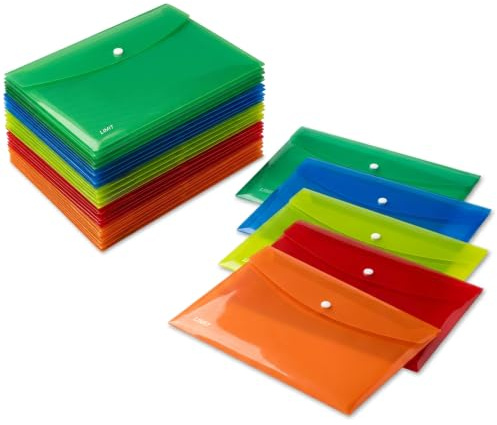 Limit Kunststoff Dokumententaschen DIN A5 (25 x 18 cm) – 20er Set, 5 Farben, transluzent – mit Druckknopfverschluss – robuste Brieftaschen & Ordnungsmappe