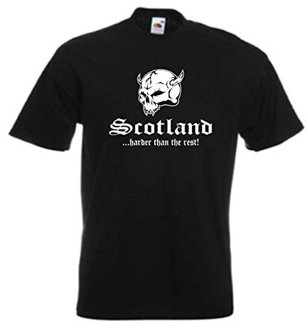 T-Shirt Schottland Scotland Harder Than the Rest, schwarzes Baumwoll Ländershirt mit Totenkopf & Schriftzug, große Größen (WMS05-54a) 4XL