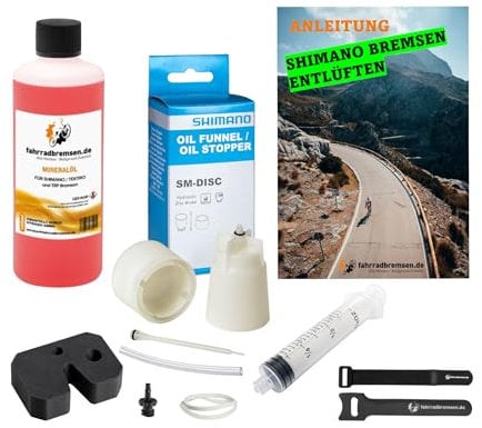 Entlüftungsset für Shimano Scheibenbremsen - Entlüftungskit mit Bremsflüssigkeit und Anleitung für Shimano hydraulische Fahrrad Bremsen wie Deore, XT, etc.