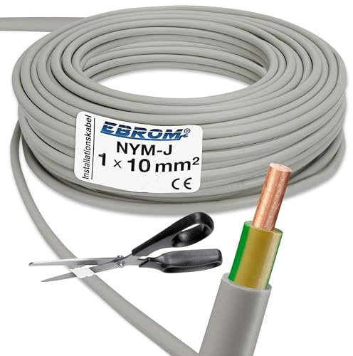 EBROM NYM-J 1x10 mm² Mantelleitung, Erdungskabel in grau 10 mm2: 50 Meter | Ab 5 m bis 150 m - Erdungsleitung Installationsleitung Feuchtraumkabel für die feste Verlegung in trockenen + feuchten Räumen
