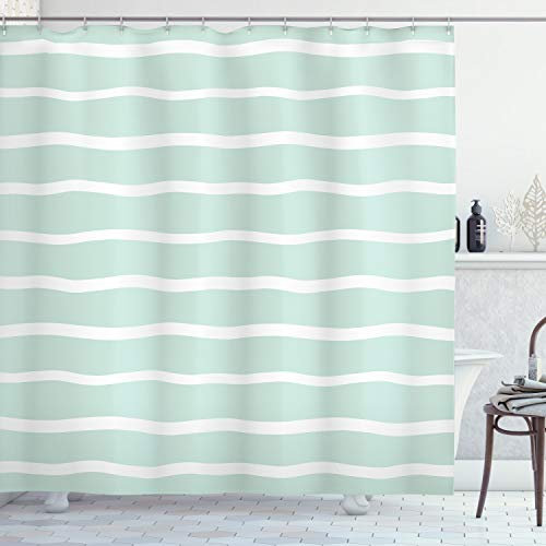 ABAKUHAUS Minimalist Duschvorhang, Gewellte Linien weiße gestreifte, Stoffliches Gewebe Badezimmerdekorationsset mit Haken, 175 x 200 cm, Mandelgrün Weiß