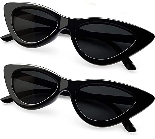 Joopin Schmale Sonnenbrille Damen Cateye Polarisierte Sonnenbrille Katzenauge 90er Brille Schwarz Klassische Vintage Brille Dreieck Doppelpack (Schwarz Gläser)