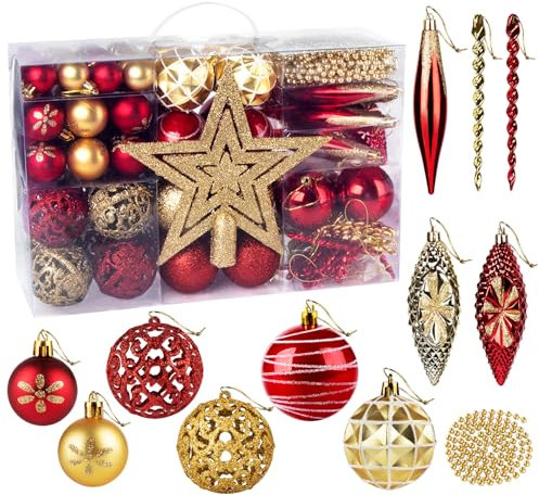 Homewit Palline di Natale Rosso Oro, 102 Pezzi Albero di Natale Palla Decorazioni, Palle e Palline per L'Albero 3-6 cm Palle di Natale Infrangibili con Puntale per Albero e Catena a Palline