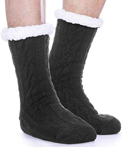 EBMORE Mens Slipper Fluffy Socks Thermal Winter Cosy Cabin Warm Fleece Soft Comfy Thick Non Slip Bed Christmas Home Gift Stocking Stuffer(Black（1 Pairs）)