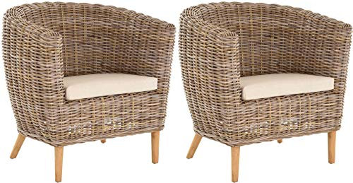 Krines Home 2er Set Clubsessel Koobo Rattan Sessel Loungesessel Rattansessel Club & Lounge Wohnzimmersessel Natur Grau