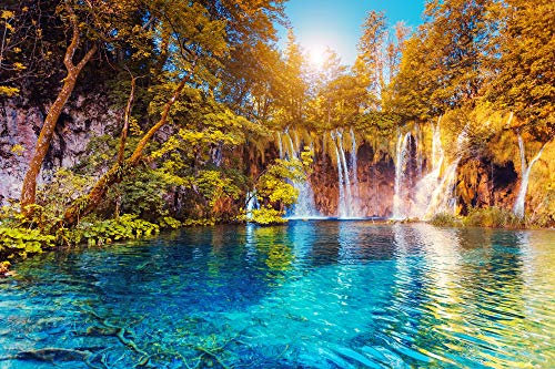 Papier Peint Photo INTISSÉ-CASCADE-450x280 cm-(3640AE)-Nature Arbres d'automne Lac Paysage Arbre Forêt Jungle Colle Inclus Mural Décor Motif Poster Géant Stickers Muraux Optique Moderne Fond Effet