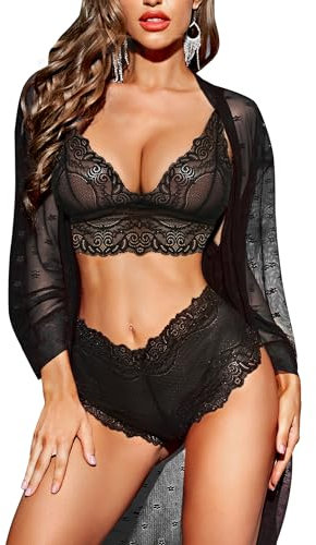 RSLOVE Sexy Lingerie for Women Lace Lingerie Set with Mesh Robe 3 Piece Set Sleepwear Nightwear Black Medium