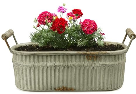 Moderne Vintage Pflanzschale aus Metall für draußen - Ovale 42 cm Deko-Schale in antiker Zink Rost-Optik als Blumen-Topf Pflanztopf - Jardiniere für Wohnzimmer-Deko oder Balkon Garten-Deko