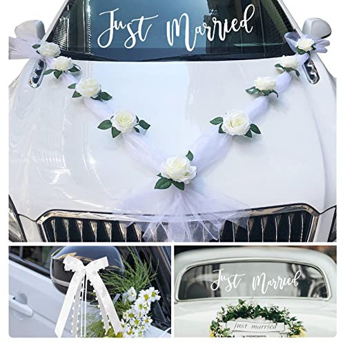 BOFUNX Decorazioni Matrimonio per Auto Fiori con Fiocchi Nozze Adesivi Just Married Accessori da Sposa