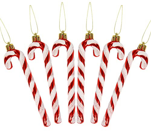 DERAYEE 6 PCS Christmas Glitter Candy Cane Plastic Candy Cane Christmas Tree Decorations for Xmas New Year Party Supplies (Red & White)
